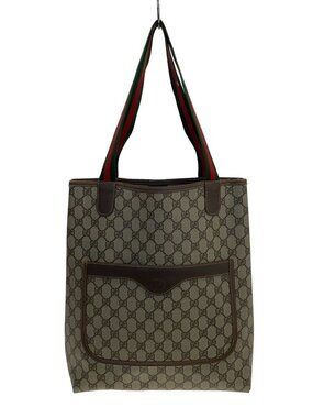 Gucci GG Canvas Leather Web Pocket Tote Shoulder Bag Tan Brown